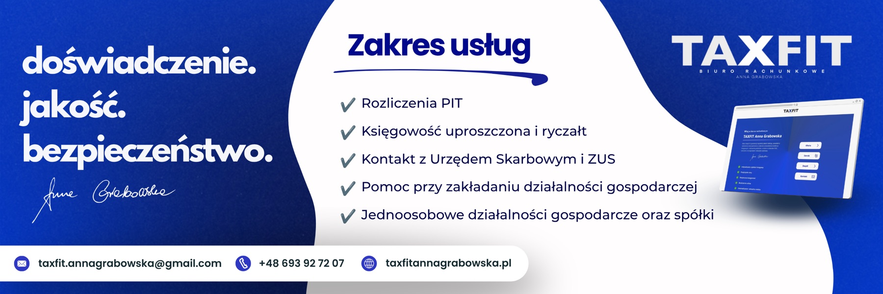 Baner reklamowy Taxfit z prezentacją zakresu usług