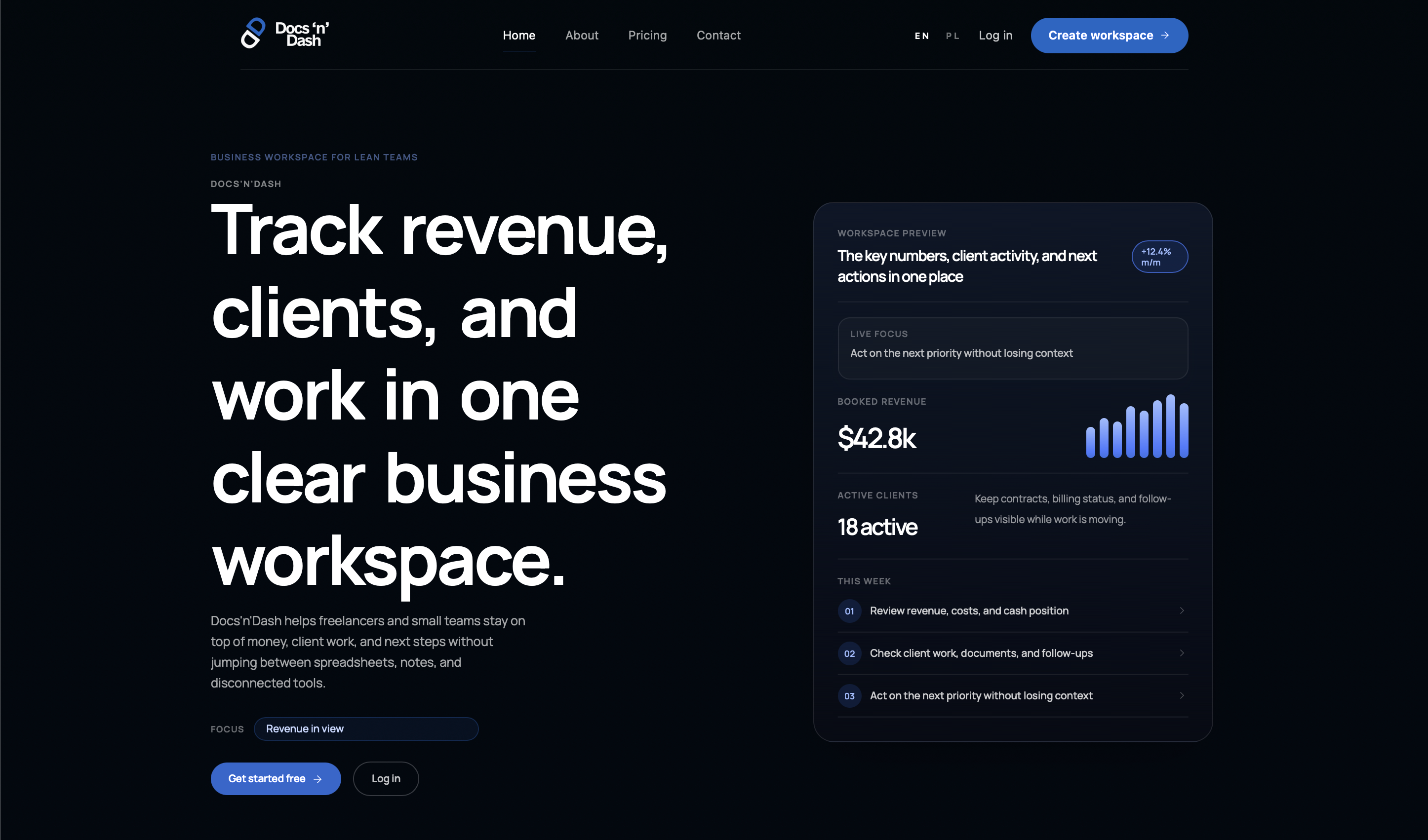 Docs’n’Dash SaaS homepage with dark hero section and workspace preview card
