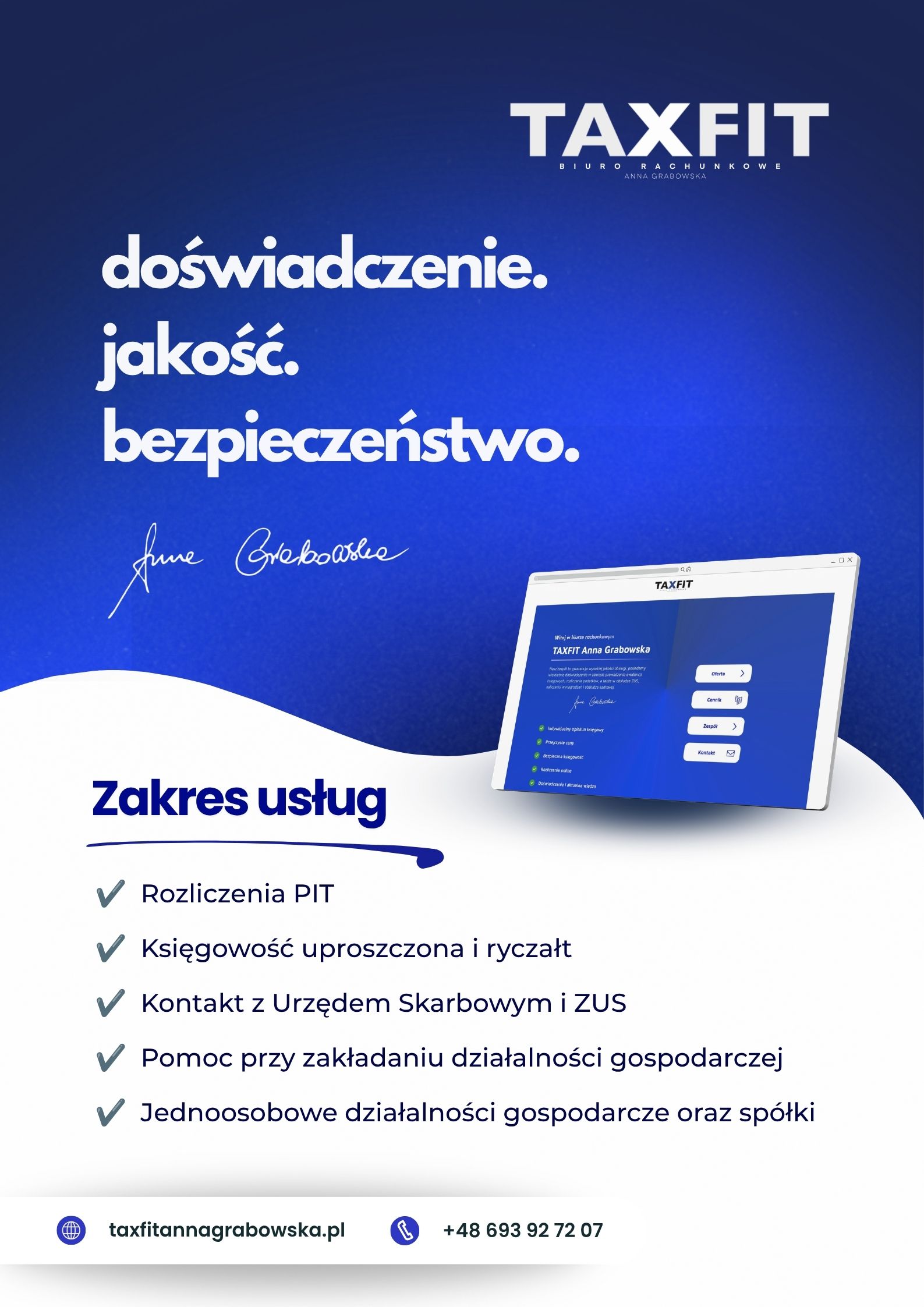Plakat Taxfit z zakresem usług księgowych